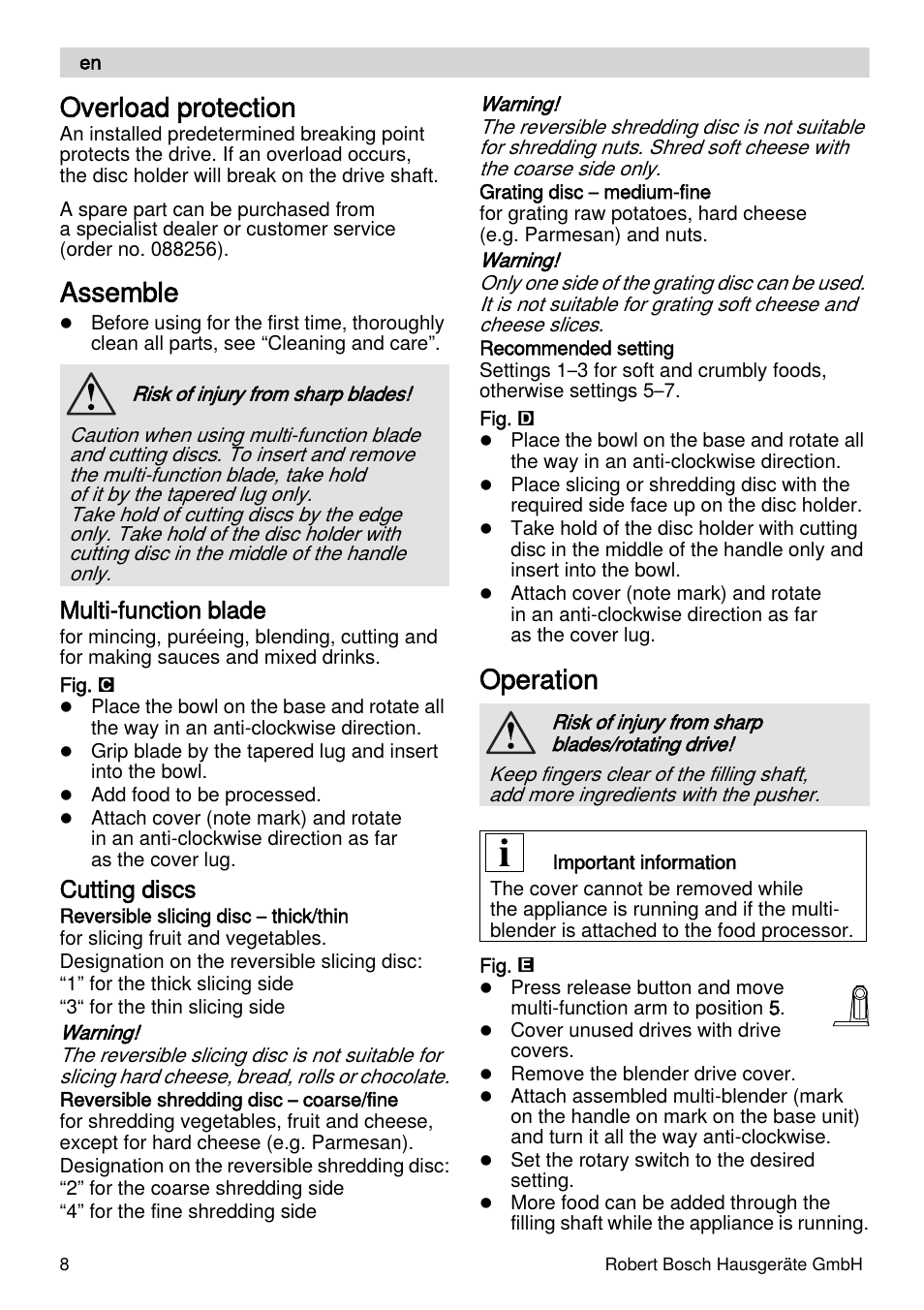 Overload protection, Assemble, Operation | Multi-function blade, Cutting discs | Bosch MUZXLVE1 VitalEmotion pour les maîtres du pain le kit VitalEmotion est composé dun moulin à céréales dun mini-hachoir Multi-mixer et de 3 disques User Manual | Page 8 / 78