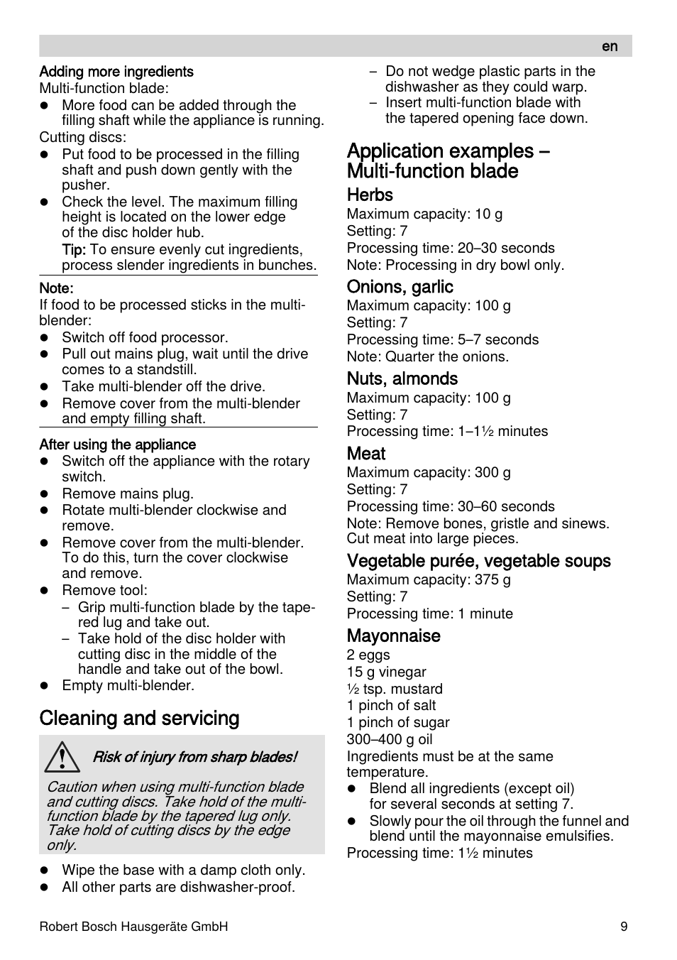 Cleaning and servicing, Application examples – multi-function blade, Herbs | Onions, garlic, Nuts, almonds, Meat, Vegetable purée, vegetable soups, Mayonnaise | Bosch MUZXLVE1 VitalEmotion pour les maîtres du pain le kit VitalEmotion est composé dun moulin à céréales dun mini-hachoir Multi-mixer et de 3 disques User Manual | Page 9 / 78