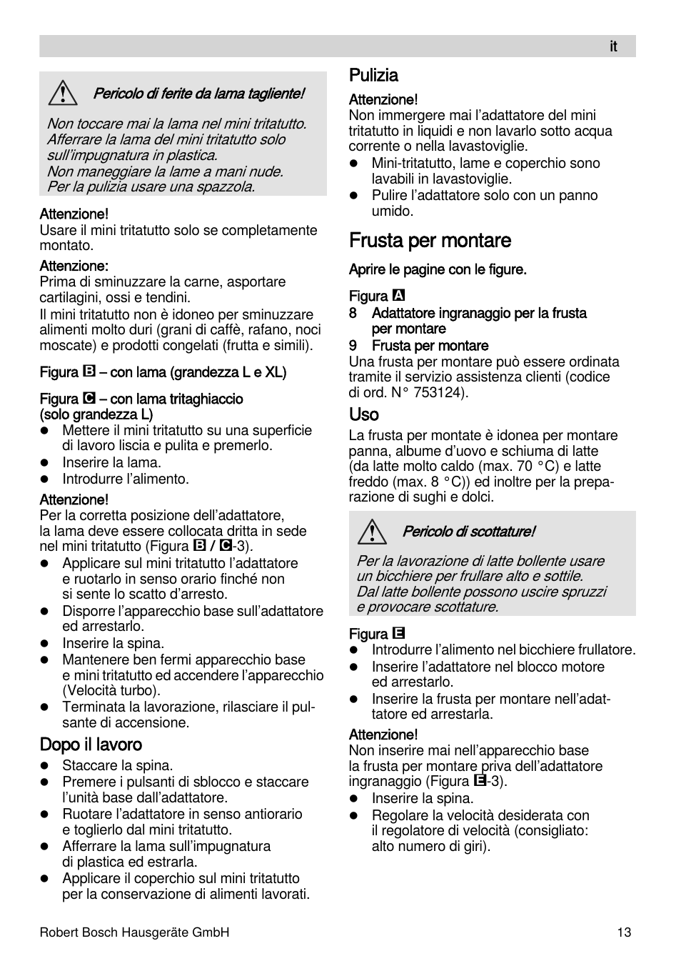 Frusta per montare, Dopo il lavoro, Pulizia | Bosch MSM87160 Mixeur plongeant noir EDG User Manual | Page 13 / 61