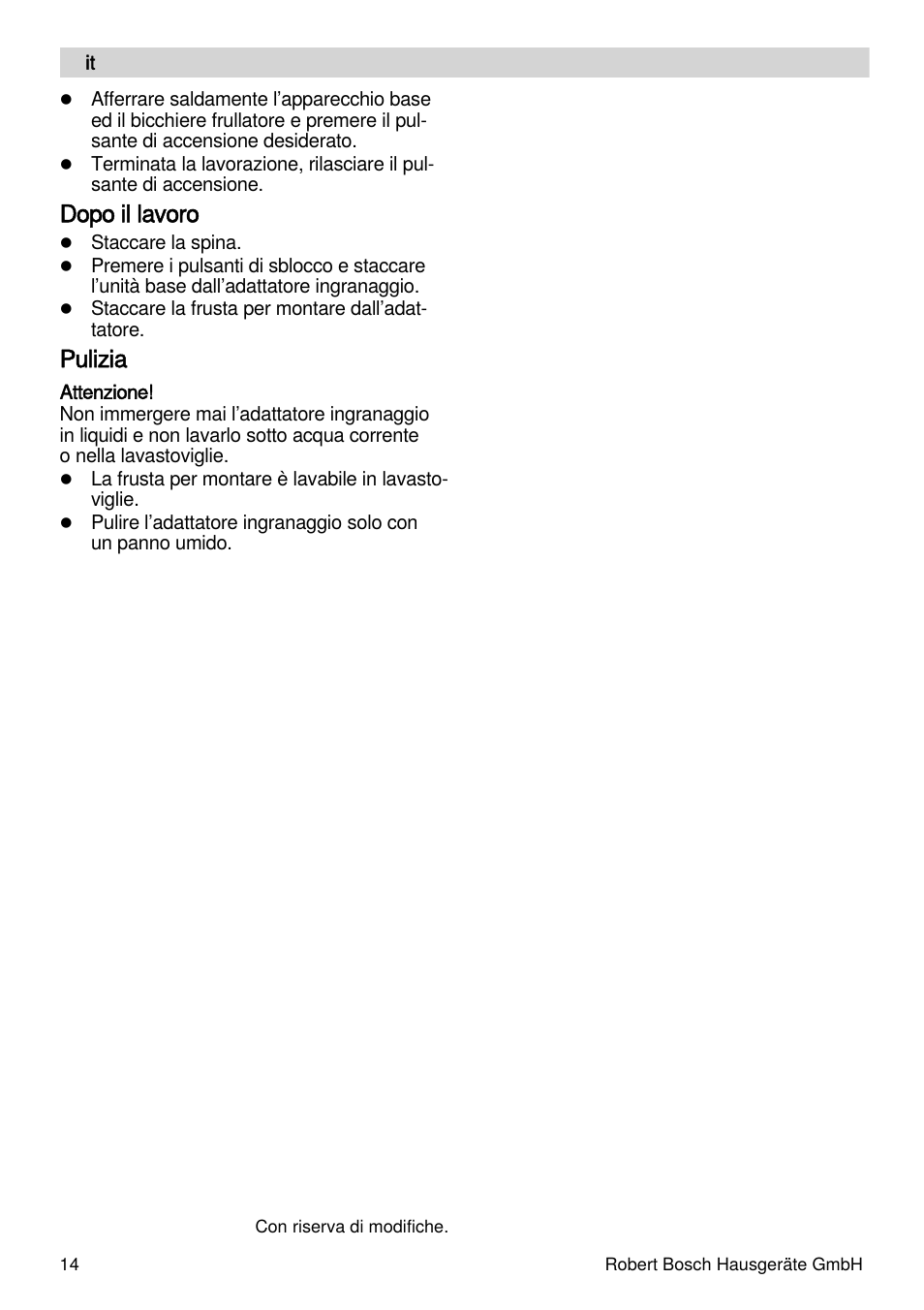 Dopo il lavoro, Pulizia | Bosch MSM87160 Mixeur plongeant noir EDG User Manual | Page 14 / 61