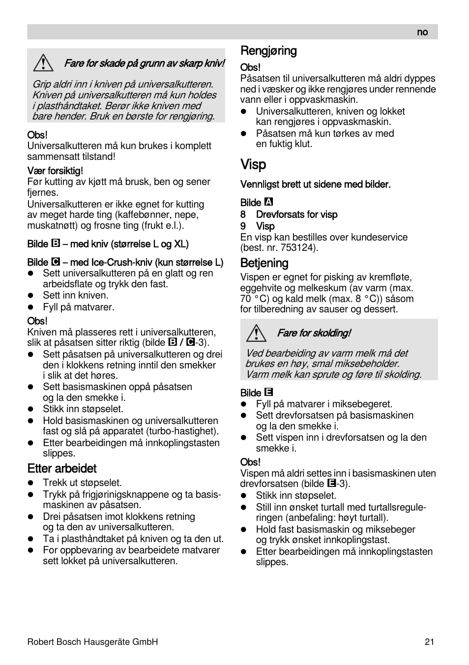 Visp, Etter arbeidet, Rengjøring | Betjening | Bosch MSM87160 Mixeur plongeant noir EDG User Manual | Page 21 / 61