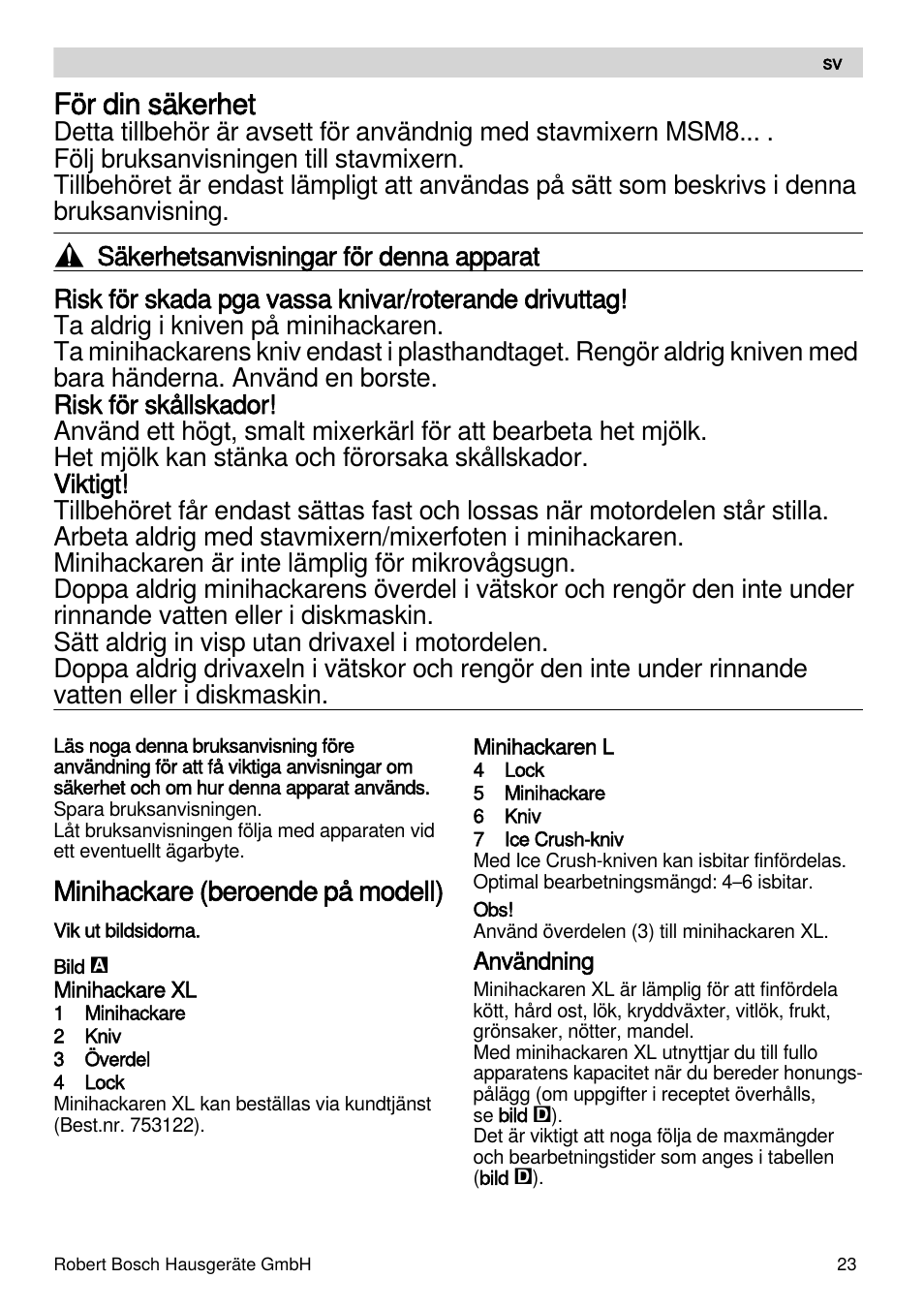 För din säkerhet, Minihackare (beroende på modell) | Bosch MSM87160 Mixeur plongeant noir EDG User Manual | Page 23 / 61