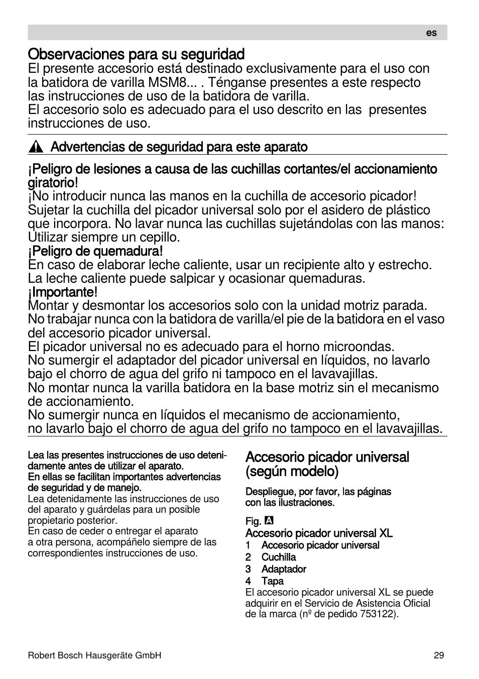 Observaciones para su seguridad, Accesorio picador universal (según modelo) | Bosch MSM87160 Mixeur plongeant noir EDG User Manual | Page 29 / 61