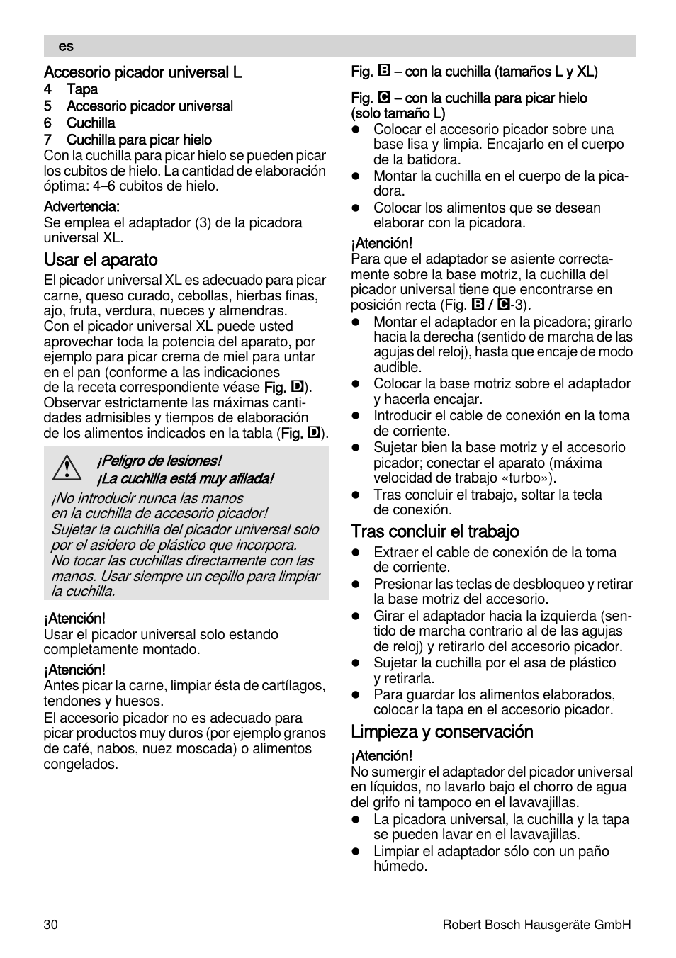 Usar el aparato, Tras concluir el trabajo, Limpieza y conservación | Bosch MSM87160 Mixeur plongeant noir EDG User Manual | Page 30 / 61