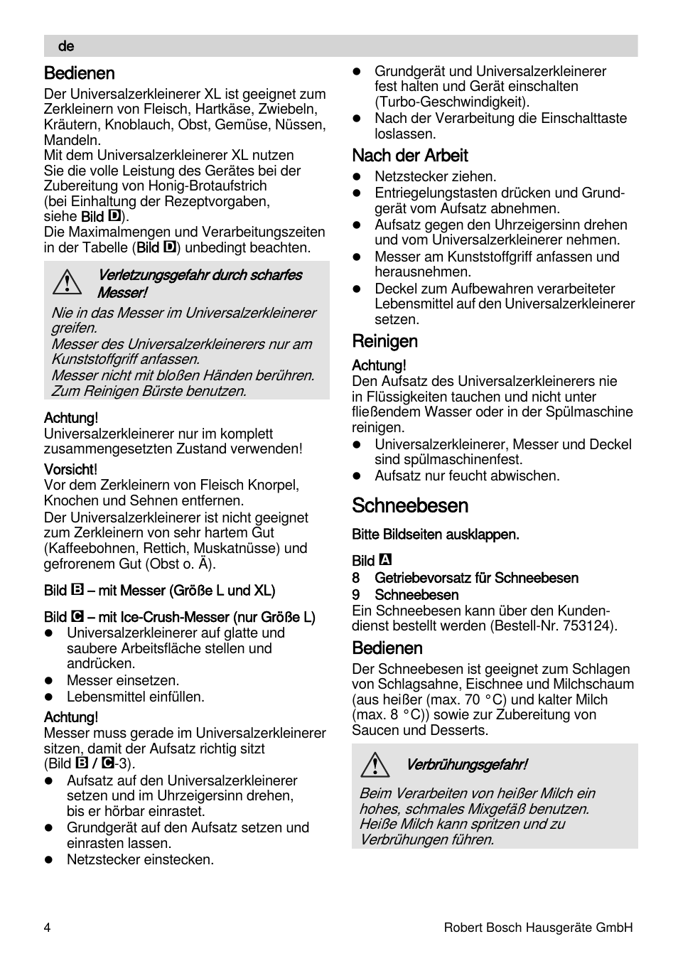 Schneebesen, Bedienen, Nach der arbeit | Reinigen | Bosch MSM87160 Mixeur plongeant noir EDG User Manual | Page 4 / 61