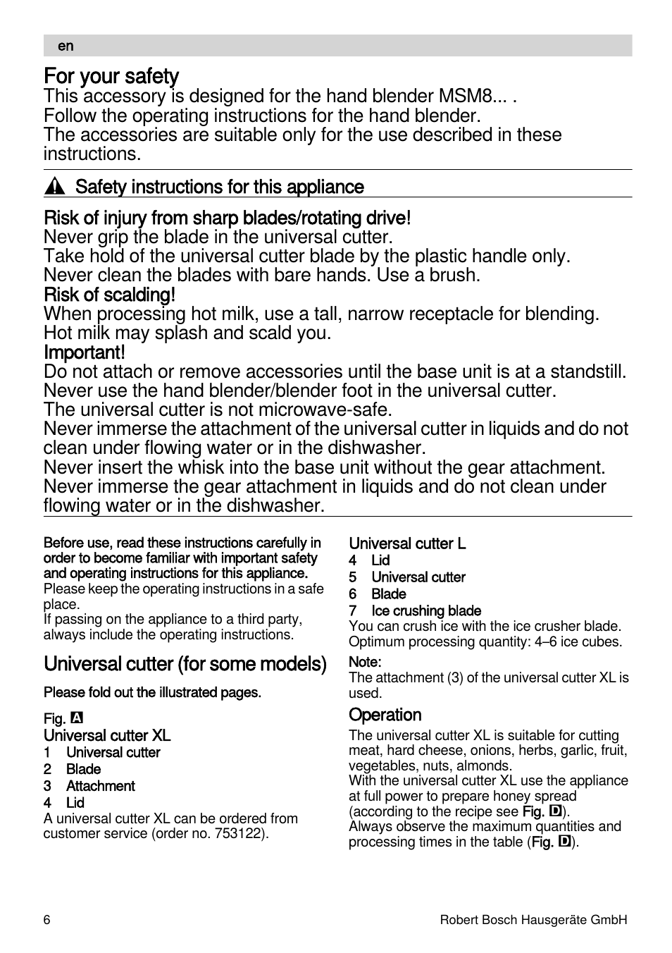 For your safety, Universal cutter (for some models) | Bosch MSM87160 Mixeur plongeant noir EDG User Manual | Page 6 / 61