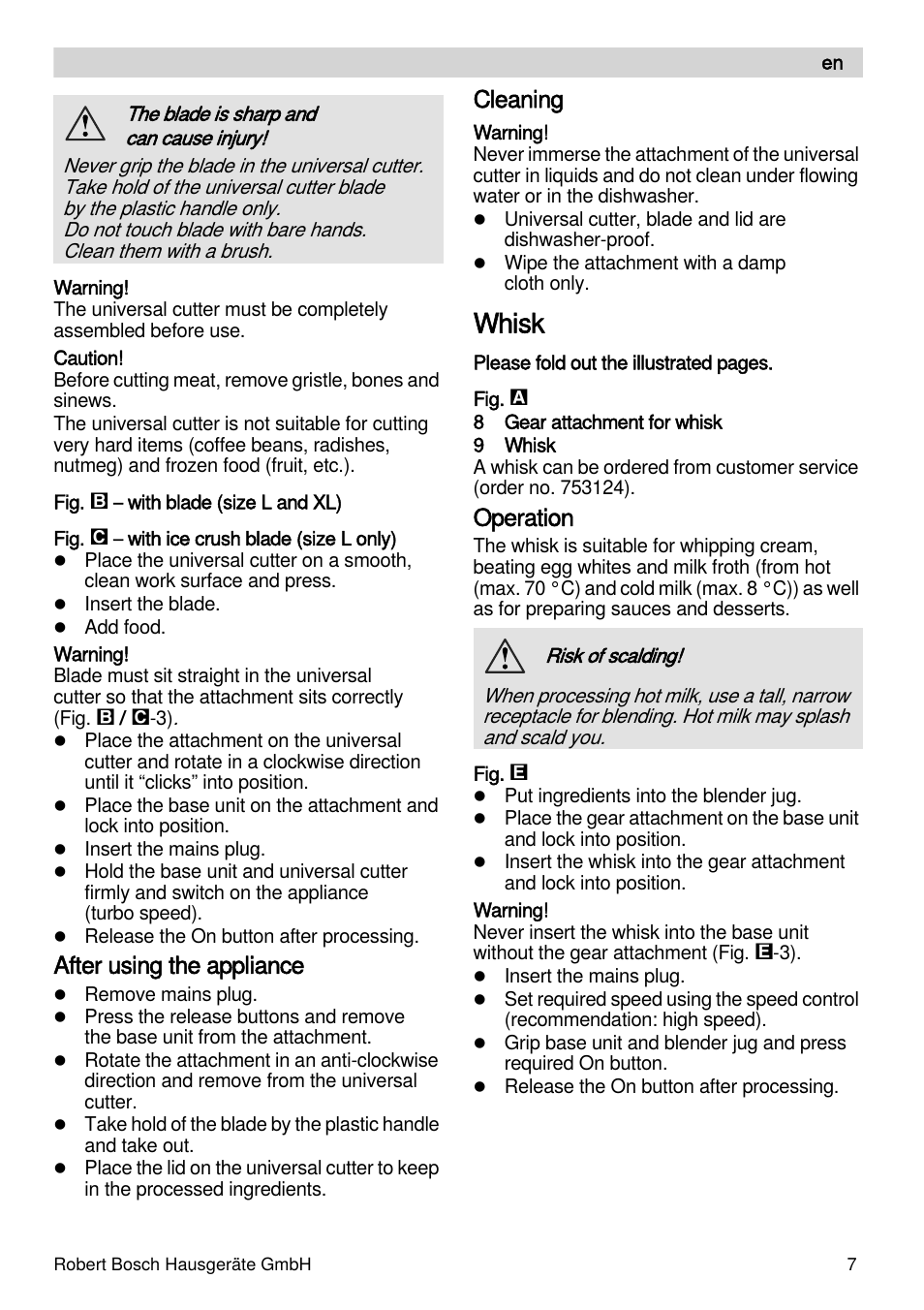 Whisk, After using the appliance, Cleaning | Operation | Bosch MSM87160 Mixeur plongeant noir EDG User Manual | Page 7 / 61