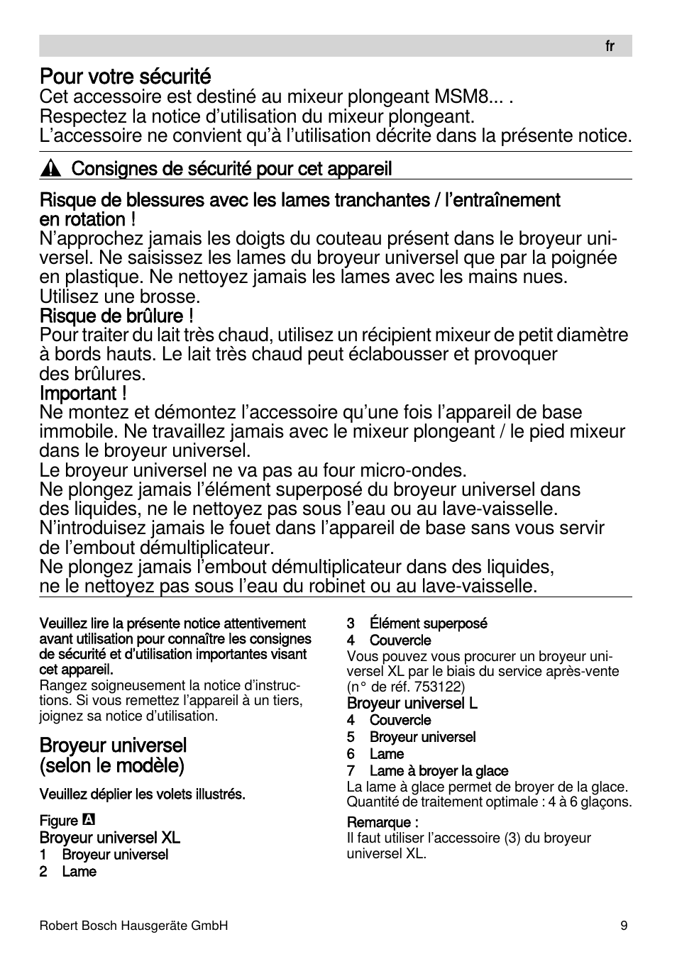 Pour votre sécurité, Broyeur universel (selon le modèle) | Bosch MSM87160 Mixeur plongeant noir EDG User Manual | Page 9 / 61