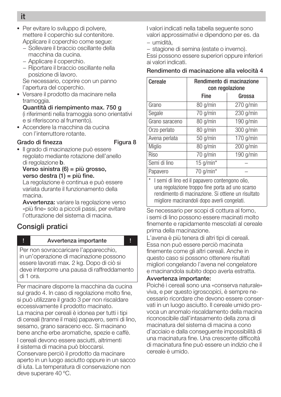 Consigli pratici | Bosch MUZ8GM1 Accessoire moulin à céréales avec meule en acier pour MUM8 User Manual | Page 11 / 56