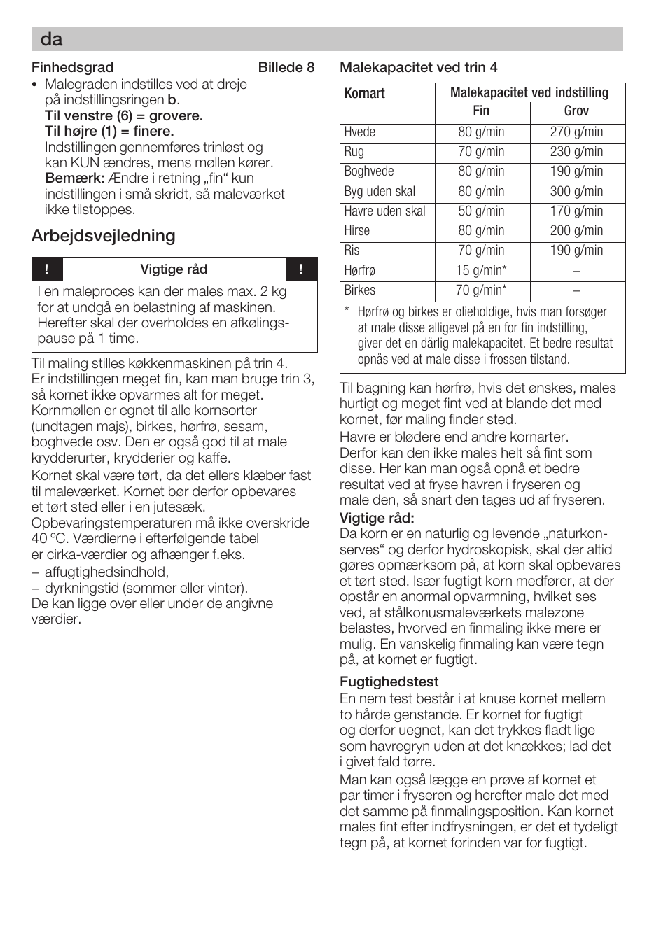 Arbejdsvejledning | Bosch MUZ8GM1 Accessoire moulin à céréales avec meule en acier pour MUM8 User Manual | Page 16 / 56