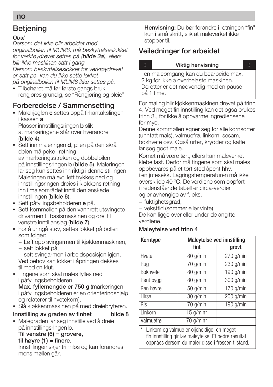 No betjening, Forberedelse / sammensetting, Veiledninger for arbeidet | Bosch MUZ8GM1 Accessoire moulin à céréales avec meule en acier pour MUM8 User Manual | Page 18 / 56