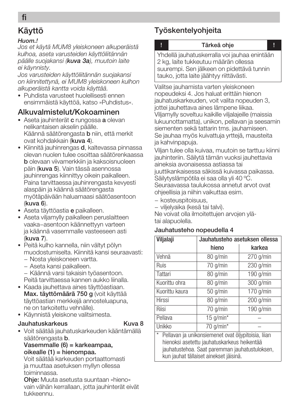 Fi käyttö, Alkuvalmistelut/kokoaminen, Työskentelyohjeita | Bosch MUZ8GM1 Accessoire moulin à céréales avec meule en acier pour MUM8 User Manual | Page 23 / 56