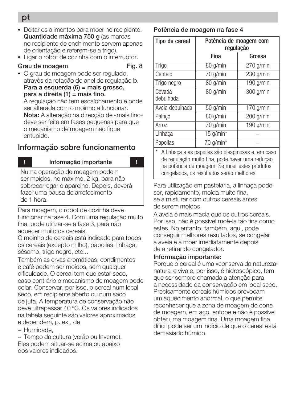 Informação sobre funcionamento | Bosch MUZ8GM1 Accessoire moulin à céréales avec meule en acier pour MUM8 User Manual | Page 29 / 56