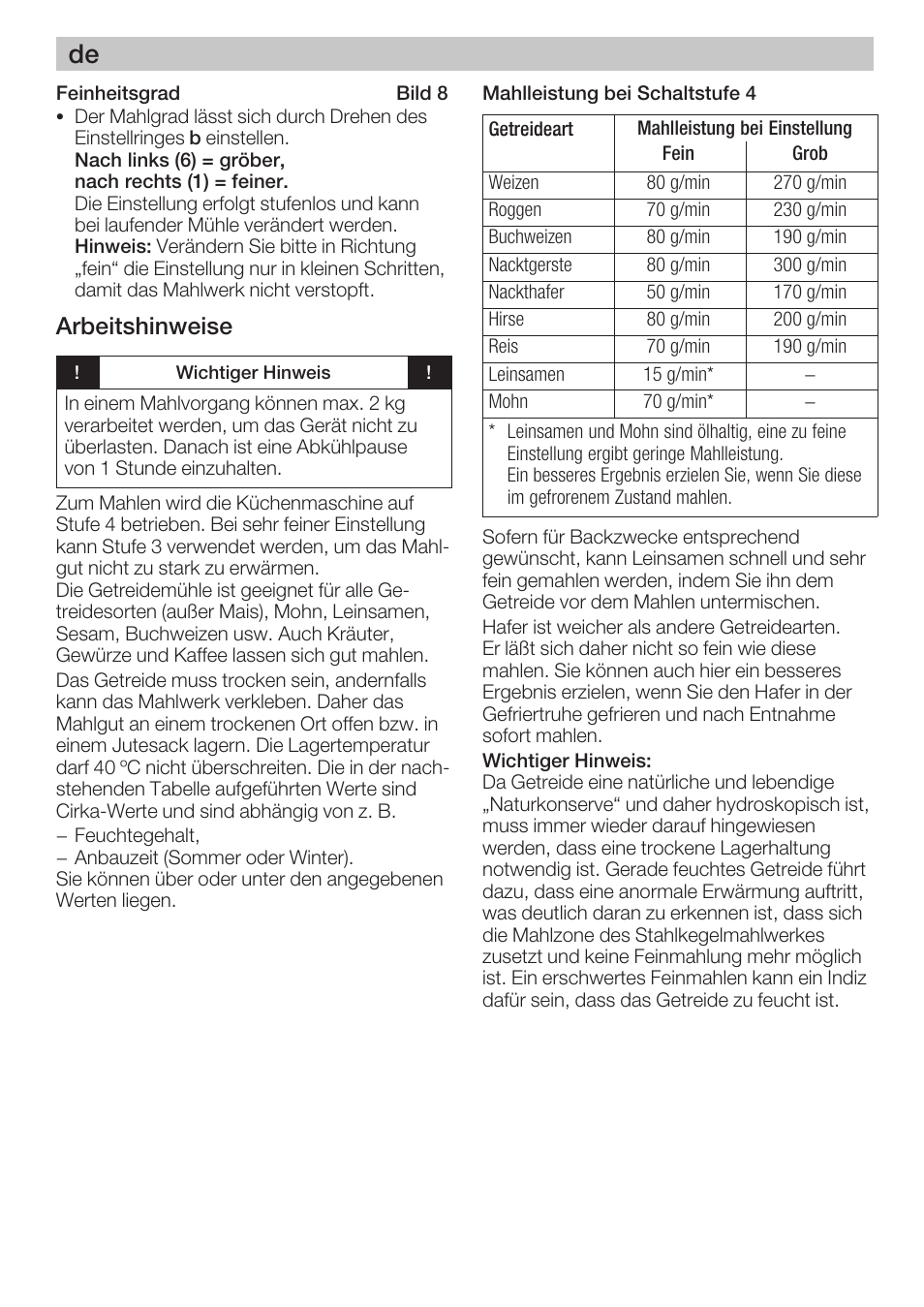 Arbeitshinweise | Bosch MUZ8GM1 Accessoire moulin à céréales avec meule en acier pour MUM8 User Manual | Page 3 / 56