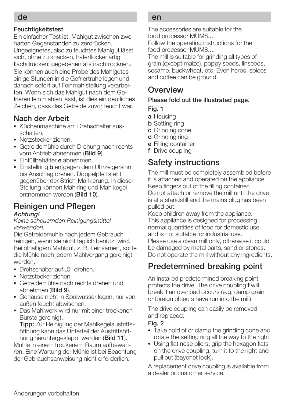 Reinigen und pflegen, Overview, Safety instructions | Predetermined breaking point, Nach der arbeit | Bosch MUZ8GM1 Accessoire moulin à céréales avec meule en acier pour MUM8 User Manual | Page 4 / 56