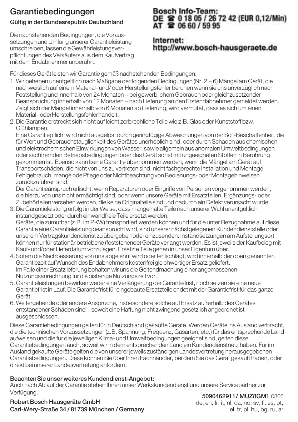 Garantiebedingungen | Bosch MUZ8GM1 Accessoire moulin à céréales avec meule en acier pour MUM8 User Manual | Page 54 / 56