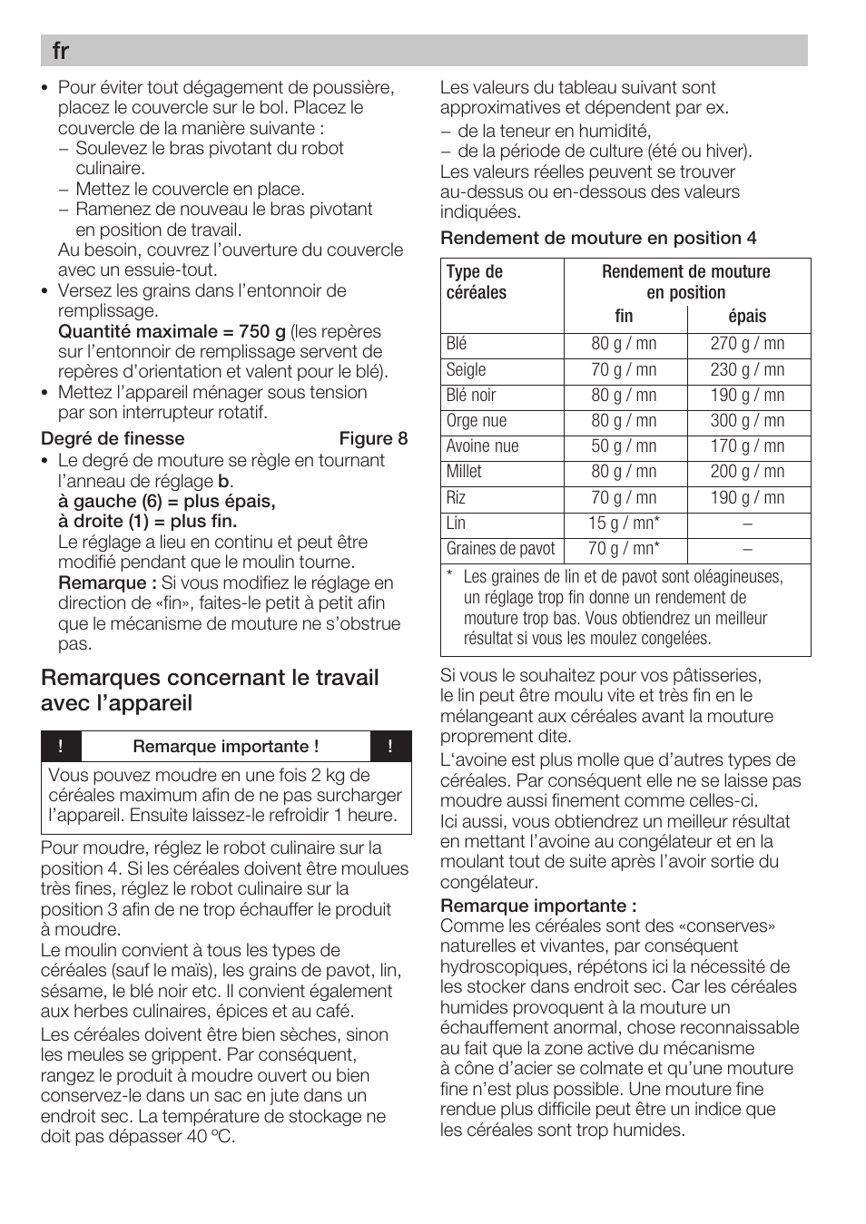 Remarques concernant le travail avec l'appareil | Bosch MUZ8GM1 Accessoire moulin à céréales avec meule en acier pour MUM8 User Manual | Page 8 / 56