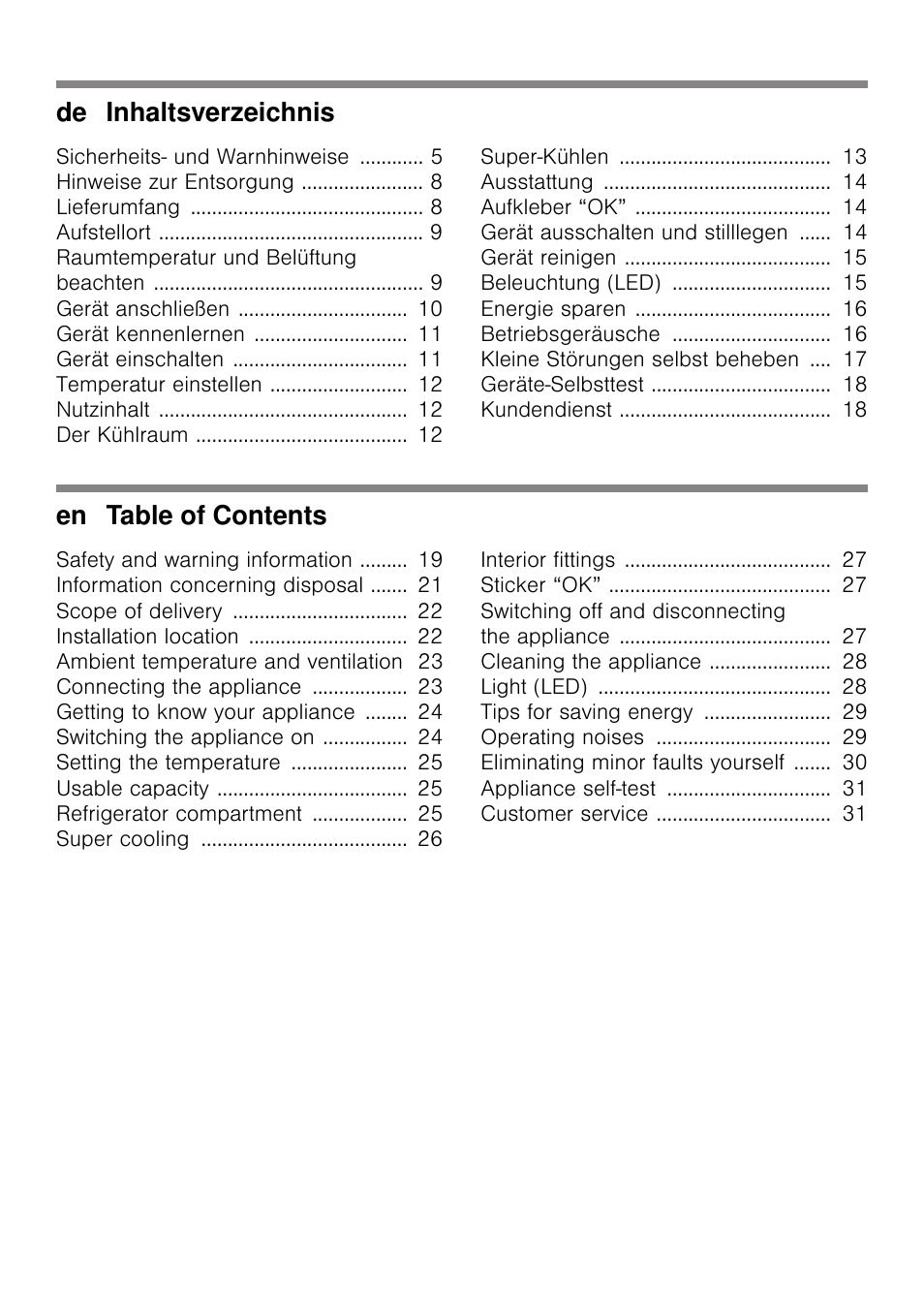 De inhaltsverzeichnis, En table of contents | Bosch KSV36VL30 Réfrigérateur 1 porte Confort User Manual | Page 2 / 78