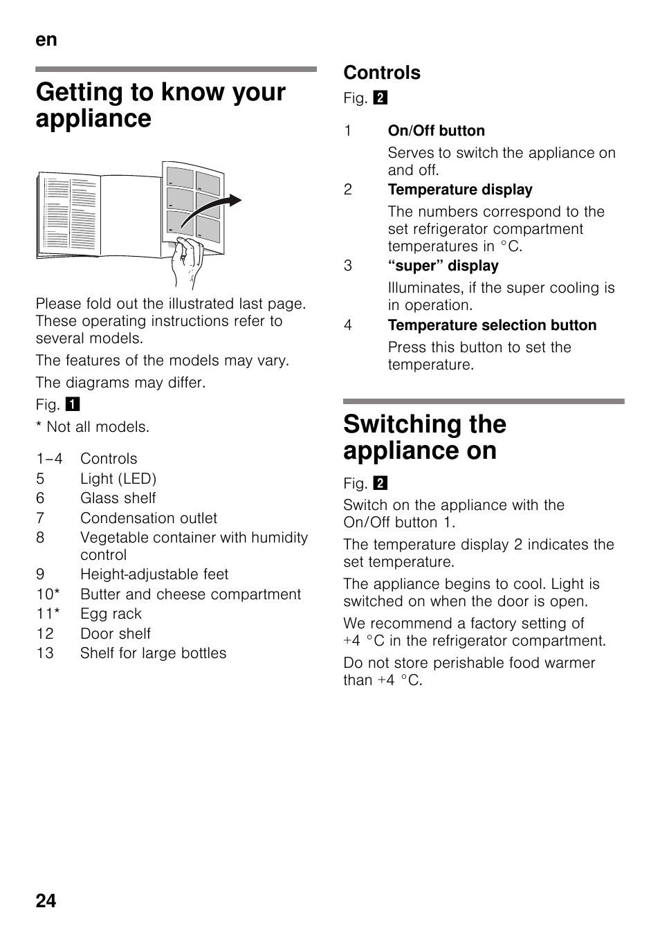 Getting to know your appliance, Controls, Switching the appliance on | En 24 | Bosch KSV36VL30 Réfrigérateur 1 porte Confort User Manual | Page 24 / 78