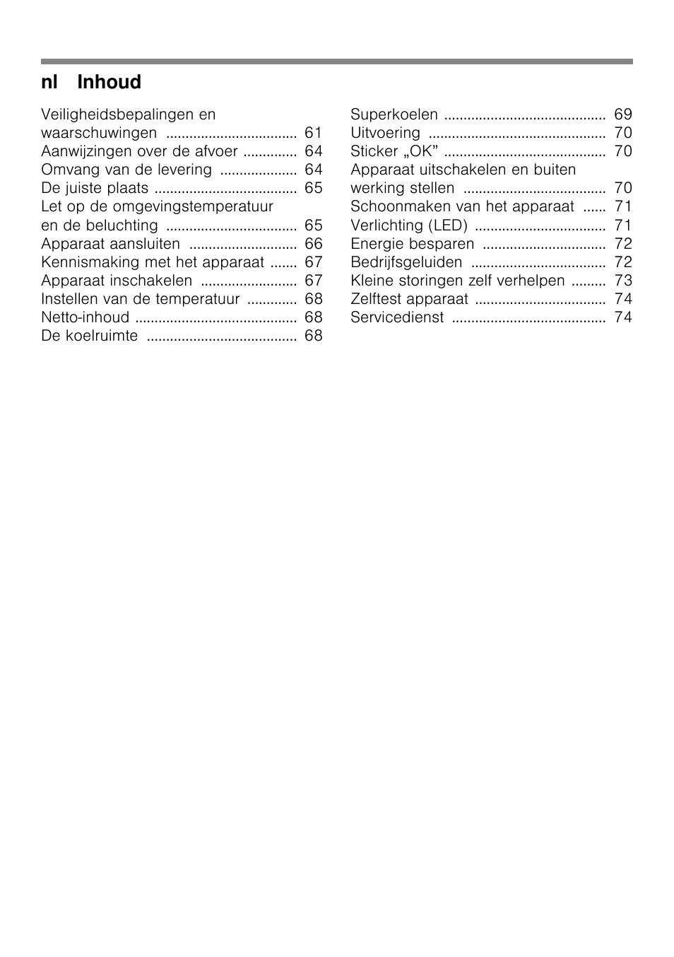 Nl inhoud | Bosch KSV36VL30 Réfrigérateur 1 porte Confort User Manual | Page 4 / 78
