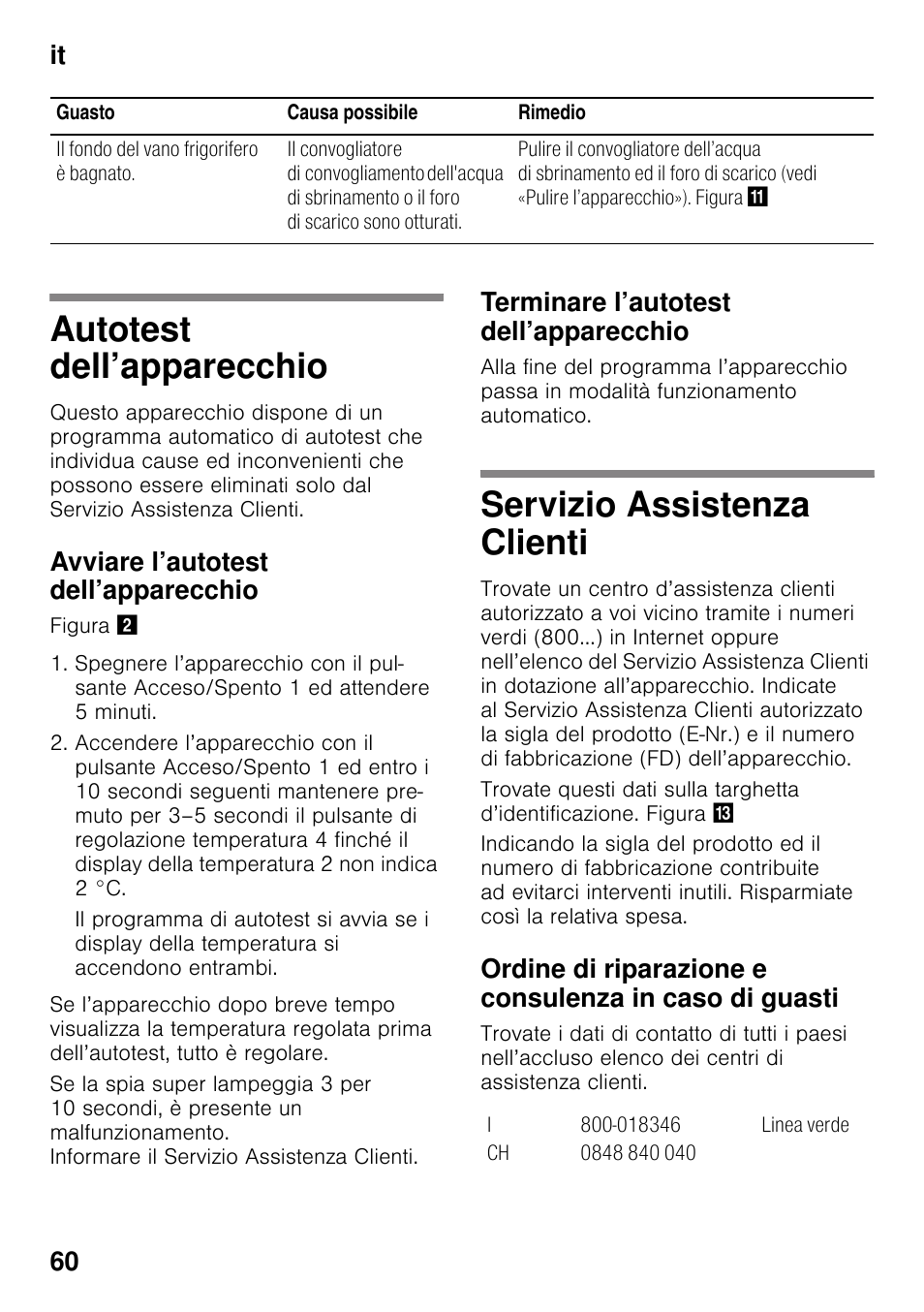 Autotest dell’apparecchio, Avviare l’autotest dell’apparecchio, Terminare l’autotest dell’apparecchio | Servizio assistenza clienti, It 60 | Bosch KSV36VL30 Réfrigérateur 1 porte Confort User Manual | Page 60 / 78