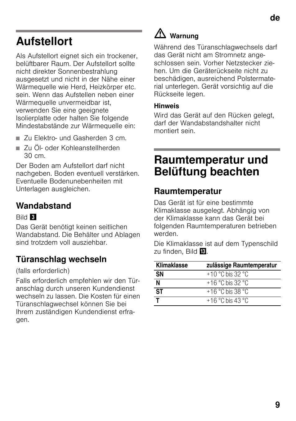 Aufstellort, Wandabstand, Türanschlag wechseln | Raumtemperatur und belüftung beachten, Raumtemperatur, Beachten, De 9 | Bosch KSV36VL30 Réfrigérateur 1 porte Confort User Manual | Page 9 / 78