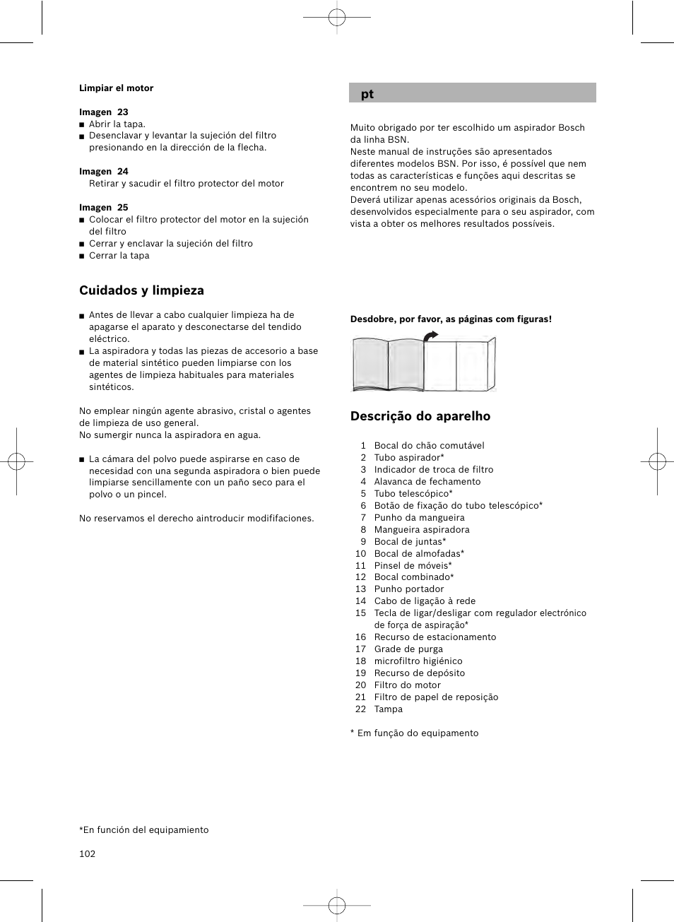 Descrição do aparelho, Cuidados y limpieza | Bosch Aspirateur avec sac BSN1801 Bosch 1800 W big bag 3 l User Manual | Page 103 / 144