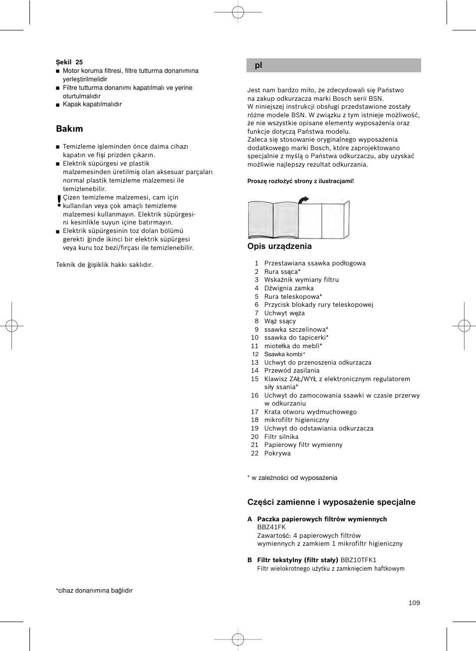 Opis urządzenia, Części zamienne i wyposażenie specjalne, Bakım | Bosch Aspirateur avec sac BSN1801 Bosch 1800 W big bag 3 l User Manual | Page 110 / 144