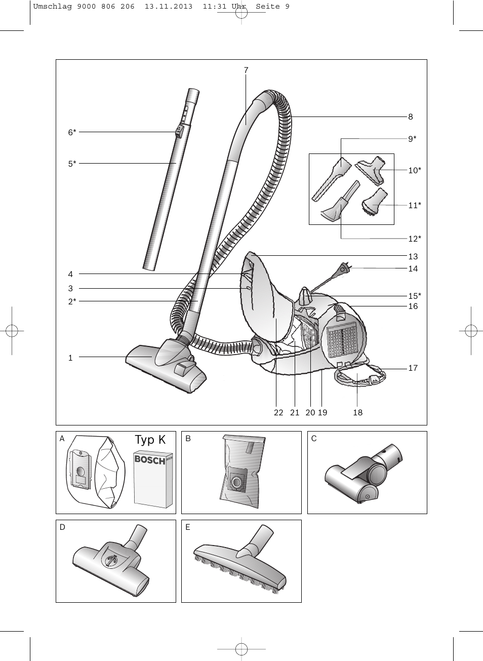 Typ k | Bosch Aspirateur avec sac BSN1801 Bosch 1800 W big bag 3 l User Manual | Page 140 / 144