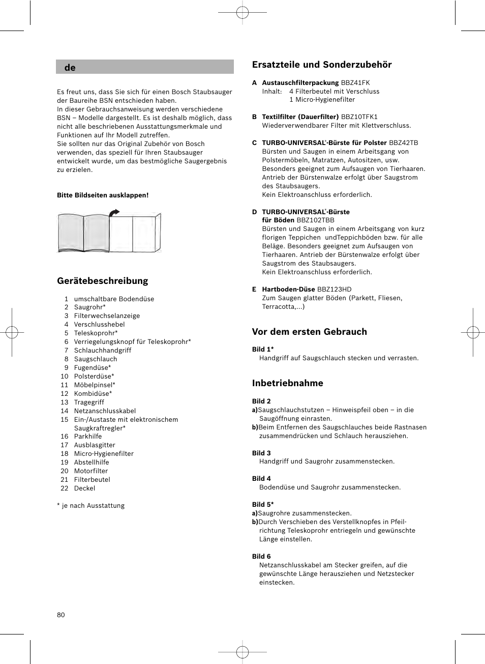 Gerätebeschreibung, Ersatzteile und sonderzubehör, Vor dem ersten gebrauch | Inbetriebnahme | Bosch Aspirateur avec sac BSN1801 Bosch 1800 W big bag 3 l User Manual | Page 81 / 144