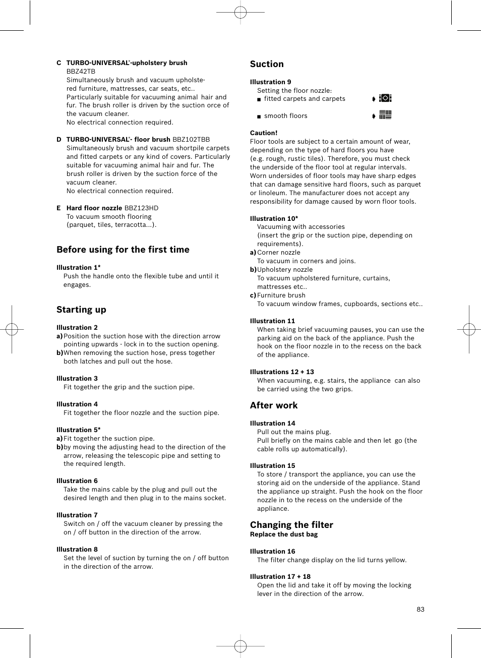 Suction, After work, Changing the filter | Before using for the first time, Starting up | Bosch Aspirateur avec sac BSN1801 Bosch 1800 W big bag 3 l User Manual | Page 84 / 144