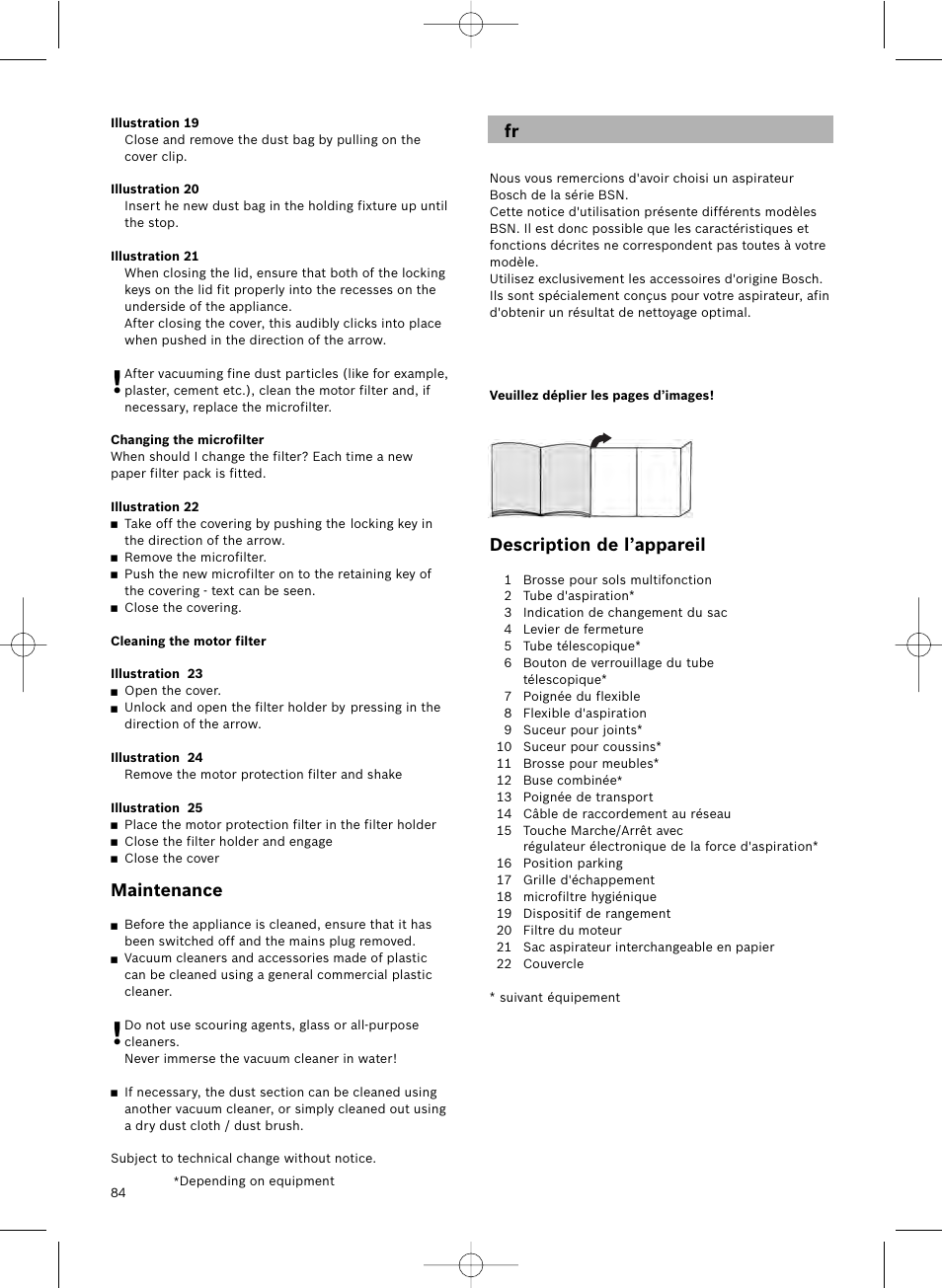 Description de l’appareil, Maintenance | Bosch Aspirateur avec sac BSN1801 Bosch 1800 W big bag 3 l User Manual | Page 85 / 144