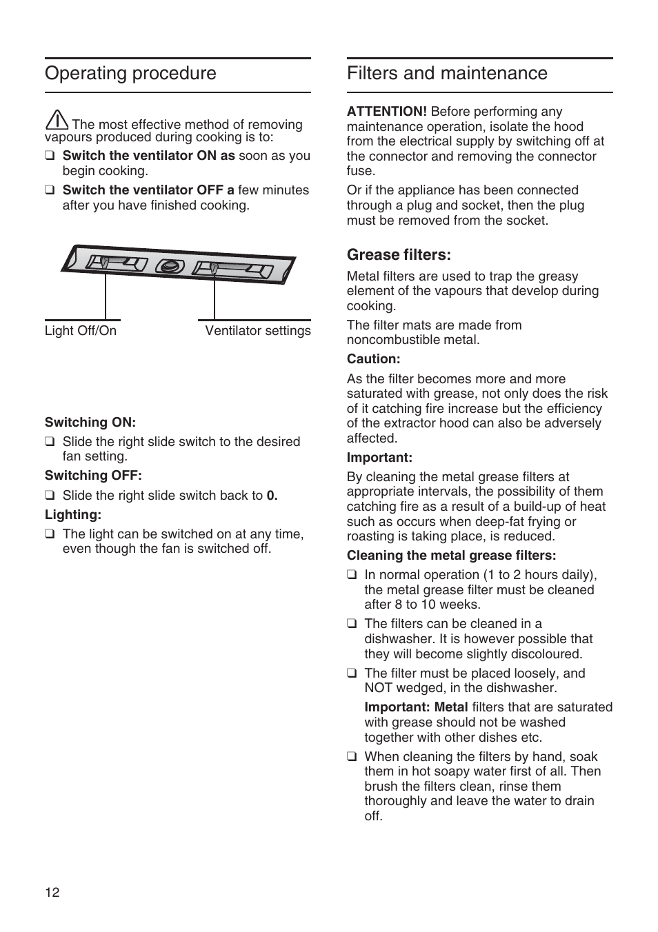 Operating procedure, Filters and maintenance | Bosch DWA091450 - inox Hotte décorative murale 90 cm User Manual | Page 12 / 76