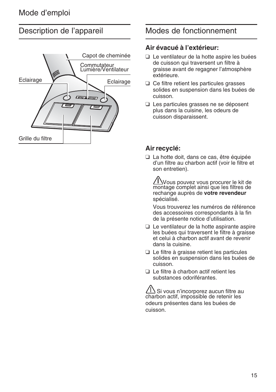 Mode d’emploi modes de fonctionnement, Description de l’appareil | Bosch DWA091450 - inox Hotte décorative murale 90 cm User Manual | Page 15 / 76