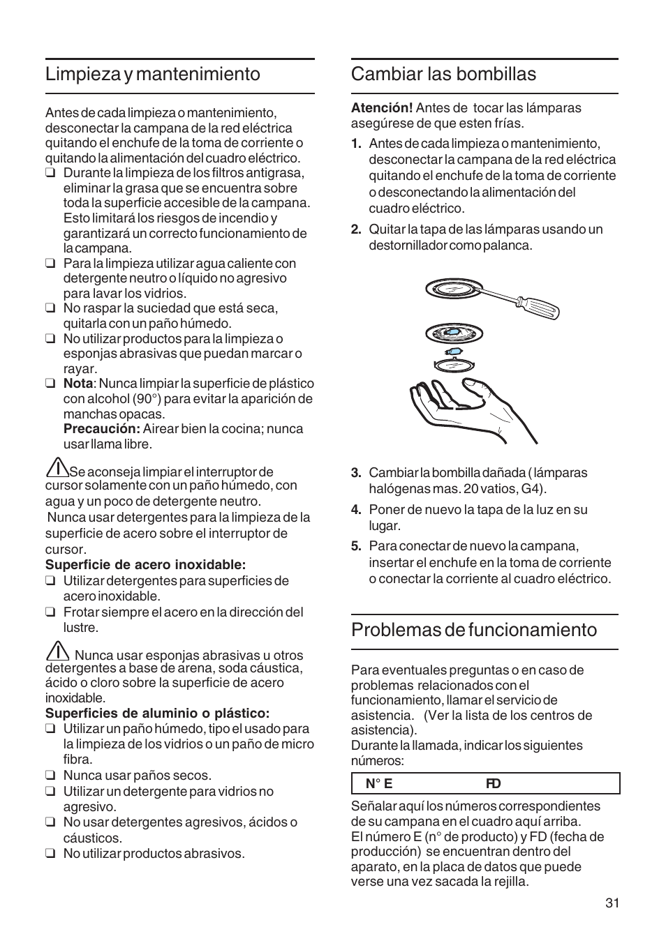 Limpieza y mantenimiento, Cambiar las bombillas, Problemas de funcionamiento | Bosch DWA091450 - inox Hotte décorative murale 90 cm User Manual | Page 31 / 76