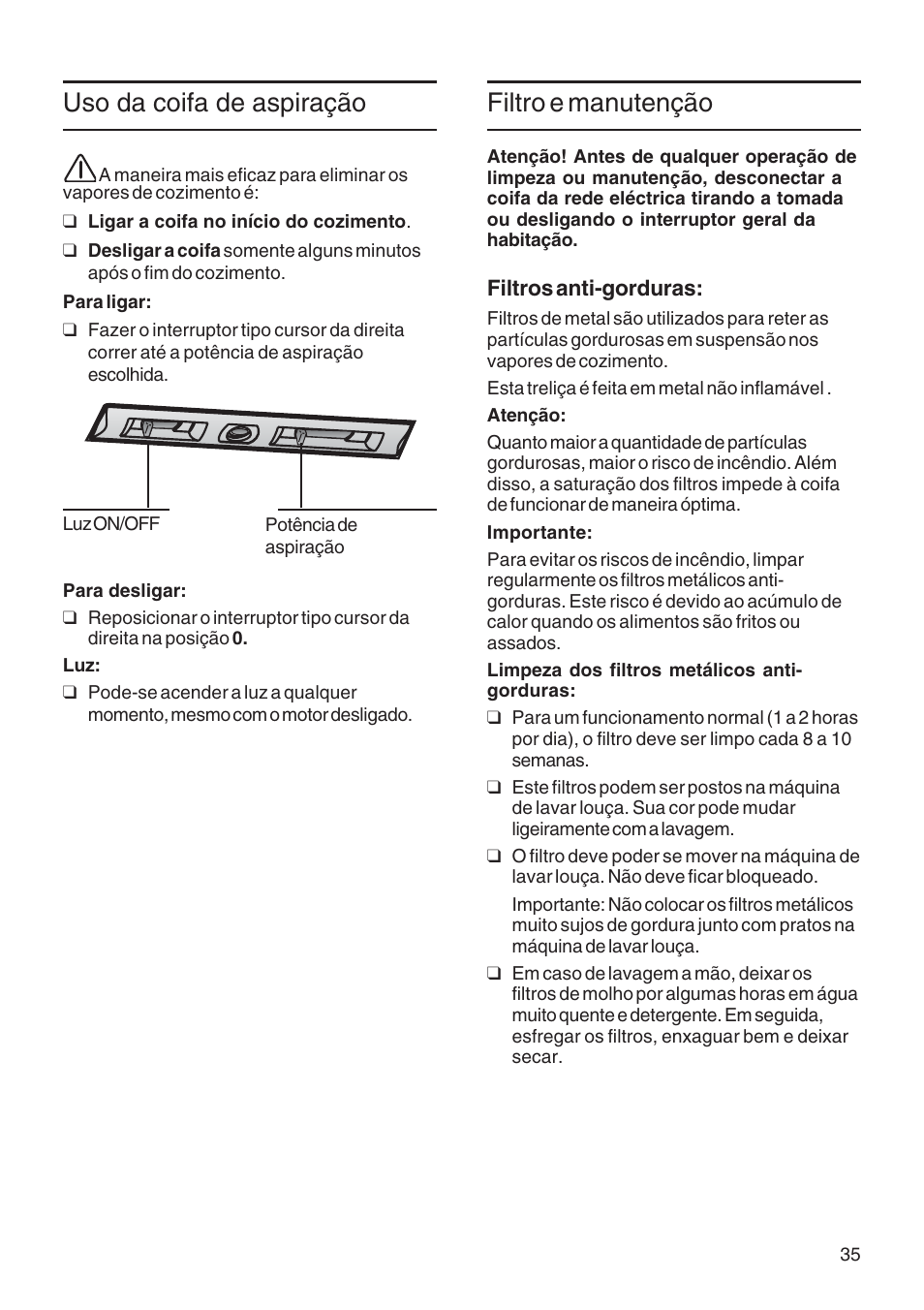 Uso da coifa de aspiração, Filtro e manutenção | Bosch DWA091450 - inox Hotte décorative murale 90 cm User Manual | Page 35 / 76