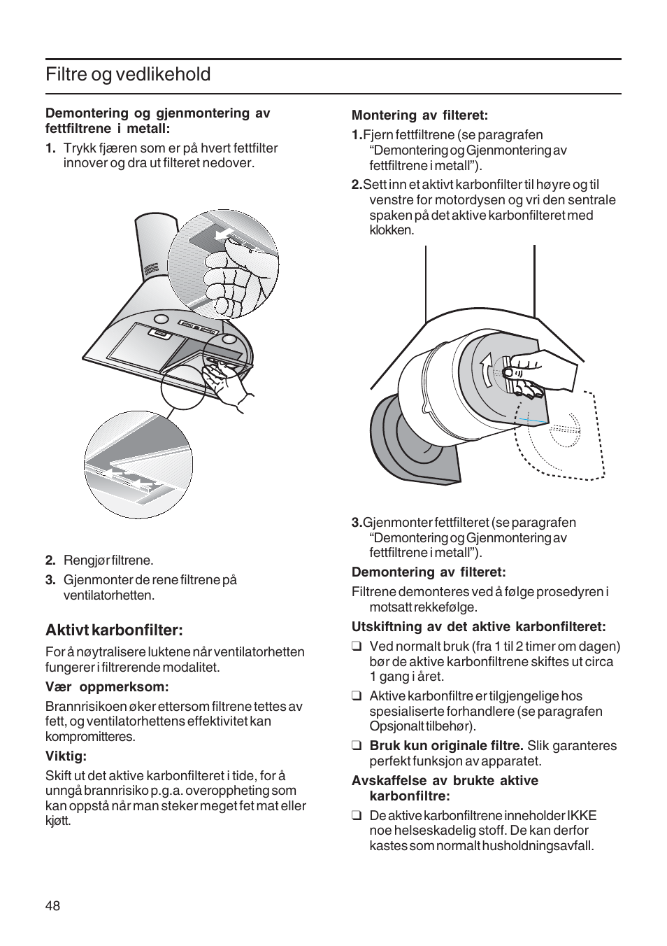 Filtre og vedlikehold | Bosch DWA091450 - inox Hotte décorative murale 90 cm User Manual | Page 48 / 76
