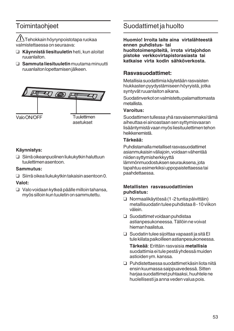 Toimintaohjeet, Suodattimet ja huolto | Bosch DWA091450 - inox Hotte décorative murale 90 cm User Manual | Page 53 / 76