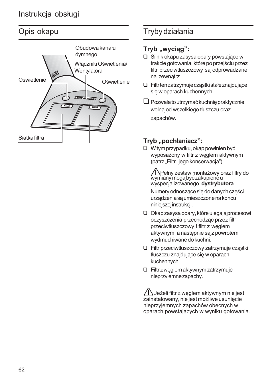 Instrukcja obsługi tryby działania, Opis okapu | Bosch DWA091450 - inox Hotte décorative murale 90 cm User Manual | Page 62 / 76