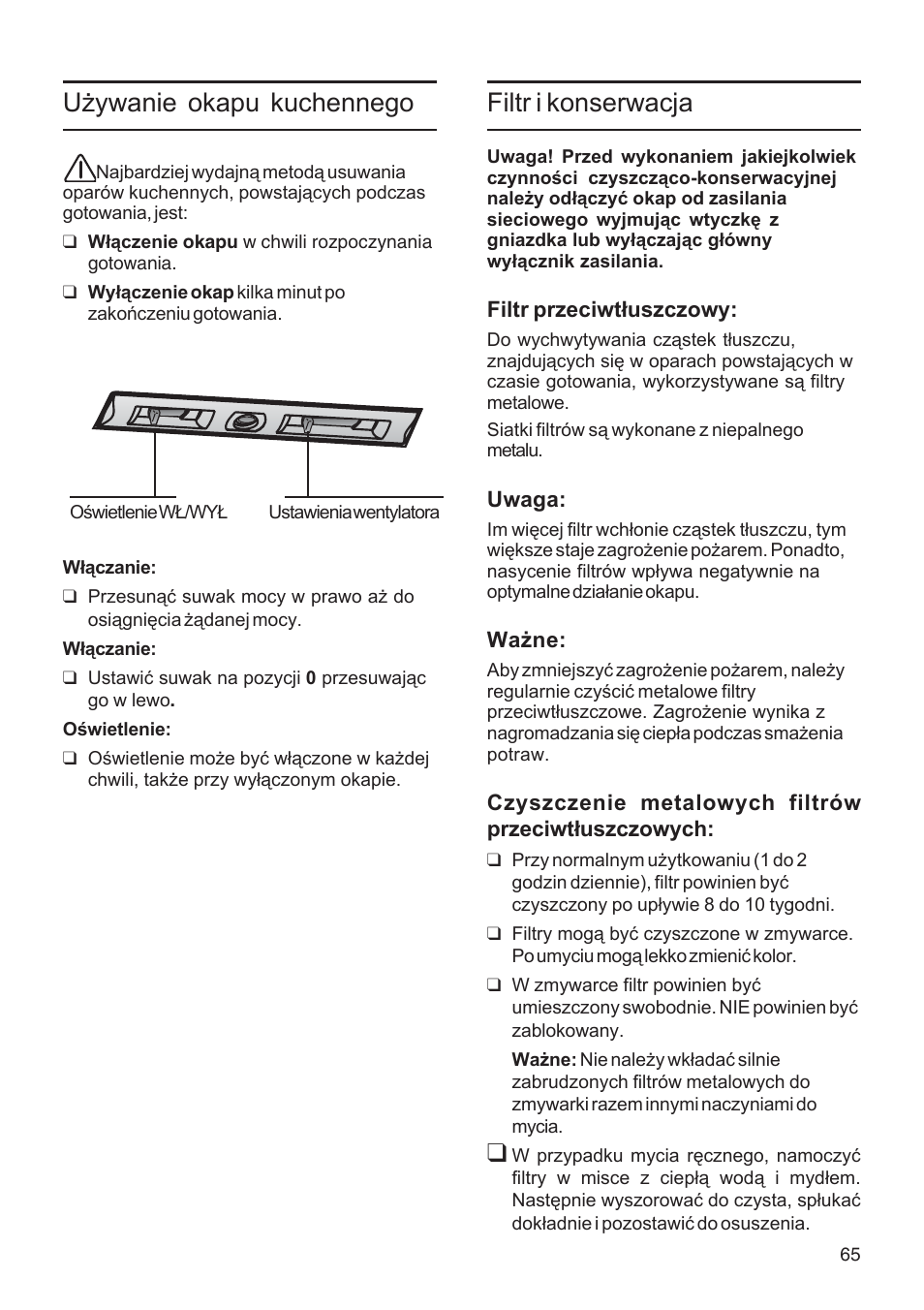 Używanie okapu kuchennego, Filtr i konserwacja | Bosch DWA091450 - inox Hotte décorative murale 90 cm User Manual | Page 65 / 76