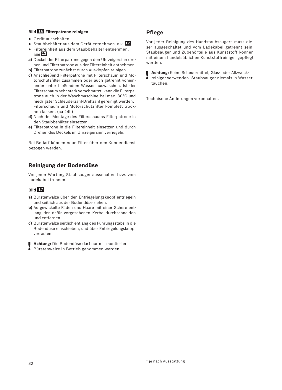 Reinigung der bodendüse, Pflege | Bosch LithiumPower 18V Aspirateur balai sans fil rechargeable BCH51840 PABL User Manual | Page 33 / 108