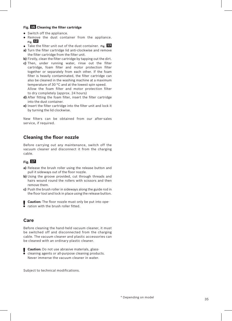 Cleaning the floor nozzle, Care | Bosch LithiumPower 18V Aspirateur balai sans fil rechargeable BCH51840 PABL User Manual | Page 36 / 108