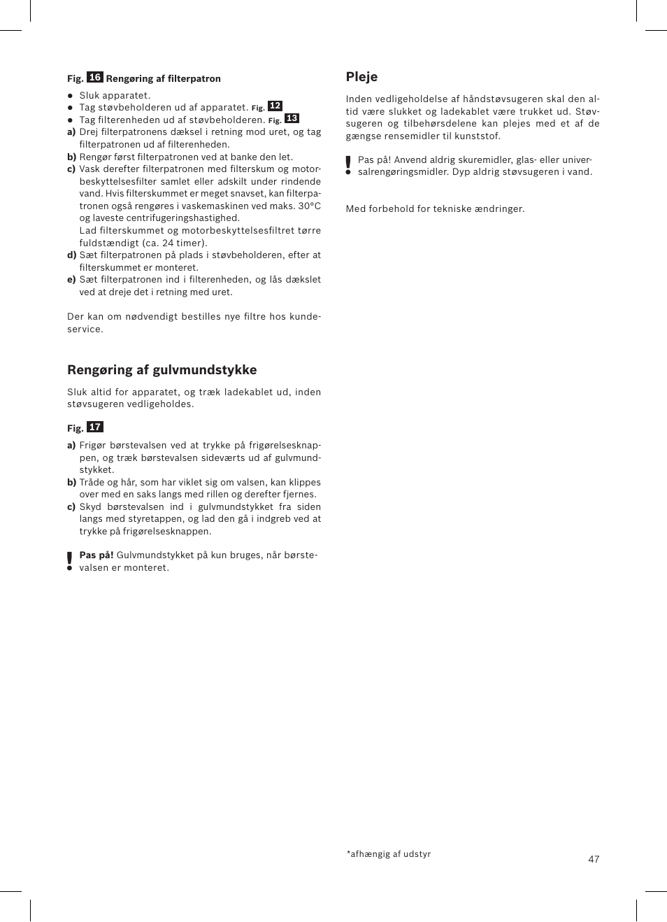 Rengøring af gulvmundstykke, Pleje | Bosch LithiumPower 18V Aspirateur balai sans fil rechargeable BCH51840 PABL User Manual | Page 48 / 108