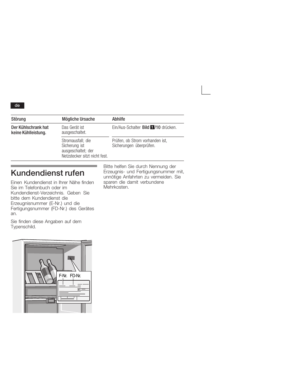 Kundendienst rufe | Bosch KSW38940 Cave à vin de vieillissement Premium Luxe User Manual | Page 14 / 64