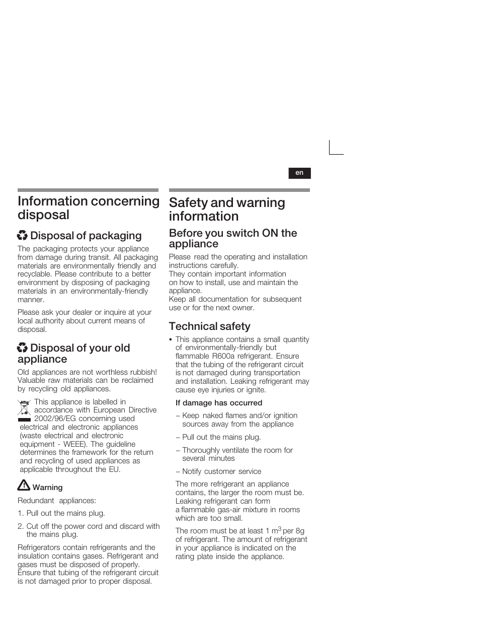 Information concerning disposal, Safety and warning information, X disposal of packaging | X disposal of your old appliance, Before you switch on the appliance, Technical safety | Bosch KSW38940 Cave à vin de vieillissement Premium Luxe User Manual | Page 15 / 64