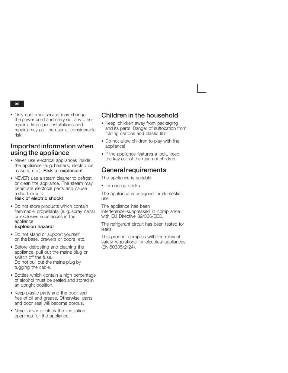 Important information when using the appliance, Children in the household, General requirements | Bosch KSW38940 Cave à vin de vieillissement Premium Luxe User Manual | Page 16 / 64