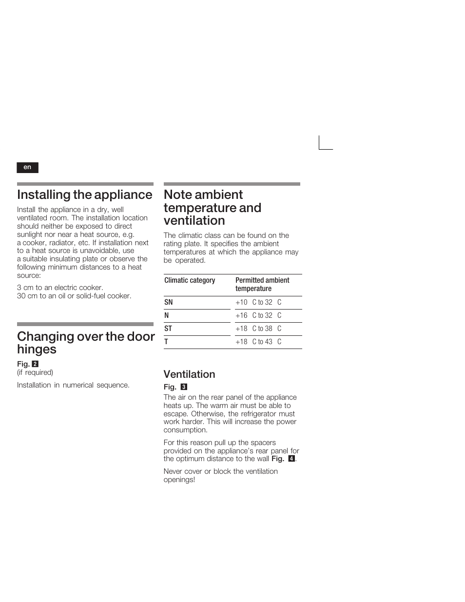 Installing the appliance, Changing over the door hinges, Ventilation | Bosch KSW38940 Cave à vin de vieillissement Premium Luxe User Manual | Page 18 / 64