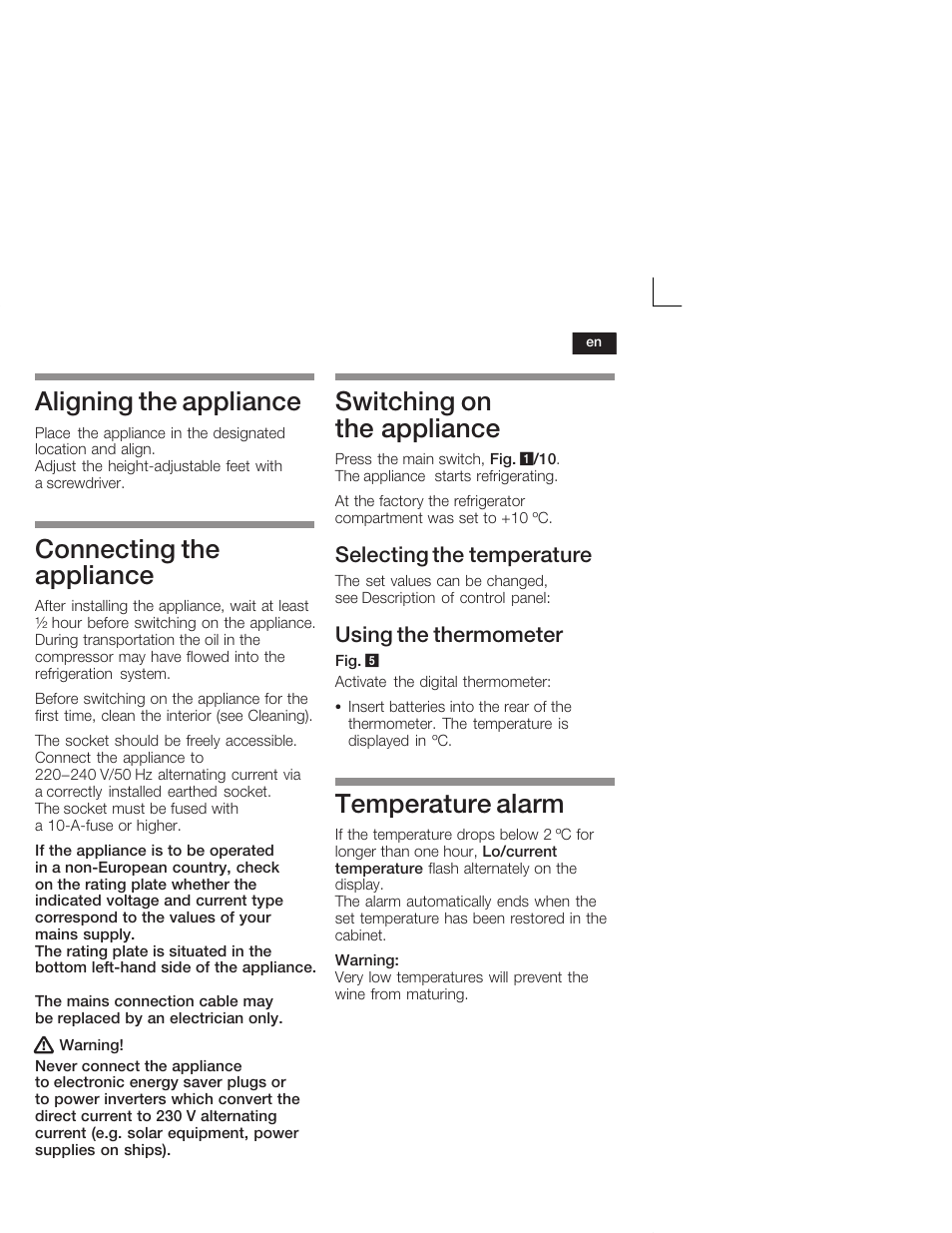 Aligning the appliance, Connecting the appliance, Switching on the appliance | Temperature alarm, Selecting the temperature, Using the thermometer | Bosch KSW38940 Cave à vin de vieillissement Premium Luxe User Manual | Page 19 / 64