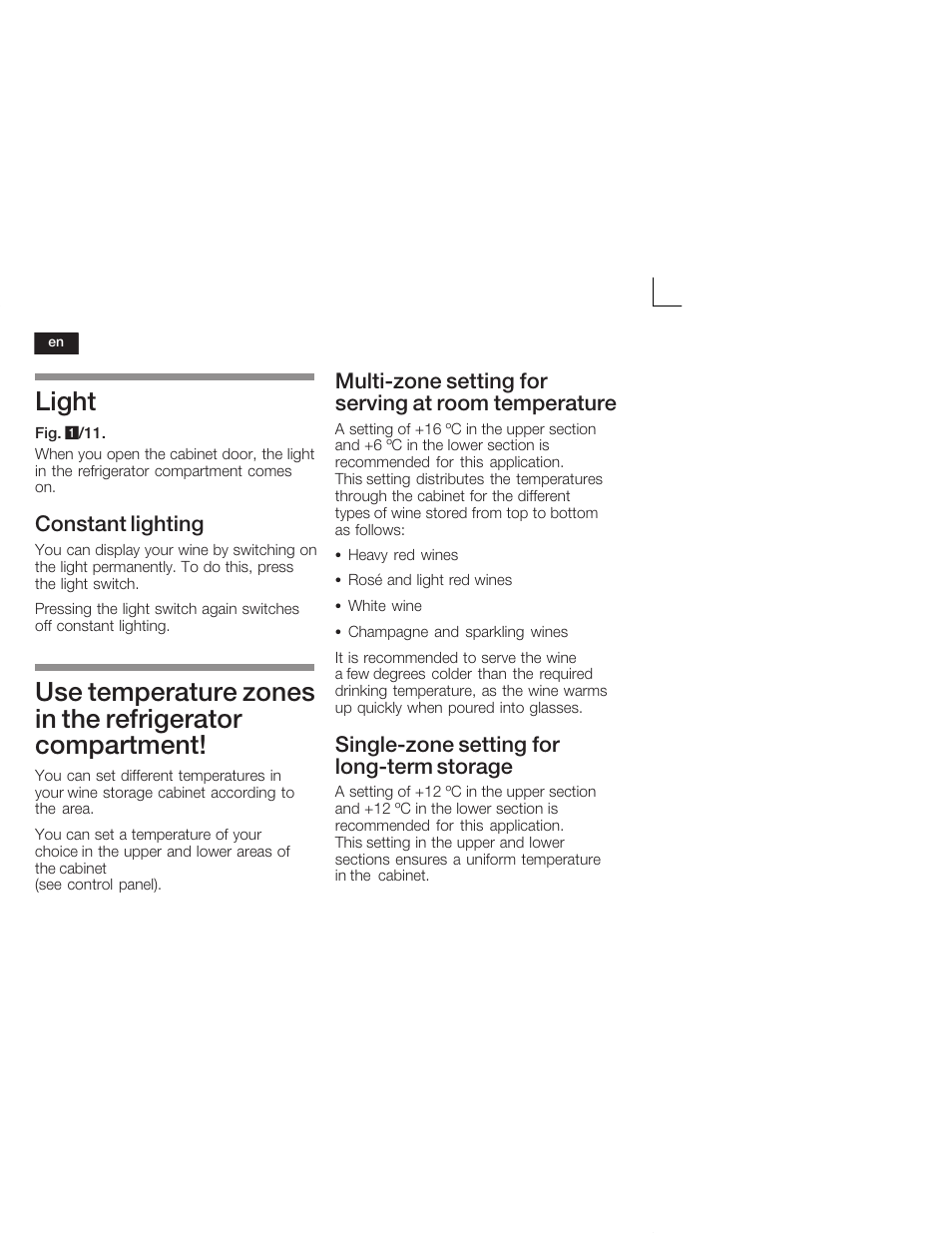 Light, Constant lighting, Multićzone setting for serving at room temperature | Singlećzone setting for longćterm storage | Bosch KSW38940 Cave à vin de vieillissement Premium Luxe User Manual | Page 20 / 64