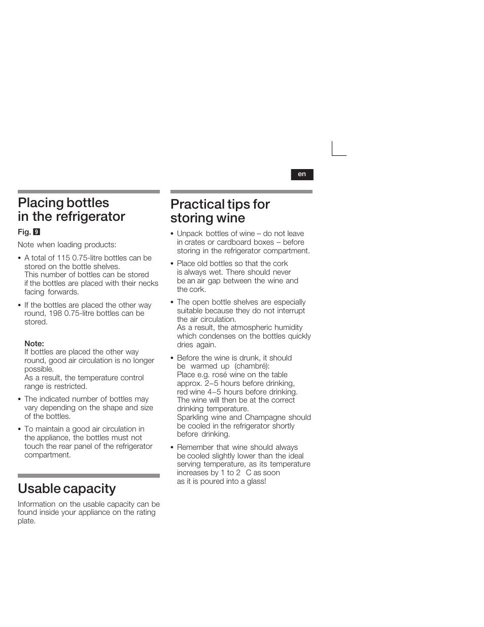 Placing bottles in the refrigerator, Usable capacity, Practical tips for storing wine | Bosch KSW38940 Cave à vin de vieillissement Premium Luxe User Manual | Page 21 / 64